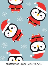 Vector seamless pattern of flat hand drawn penguin in Santa Claus isolated on blue background