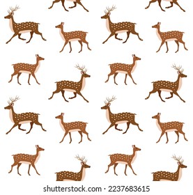 Vector seamless pattern of flat hand drawn pink deer isolated on white background