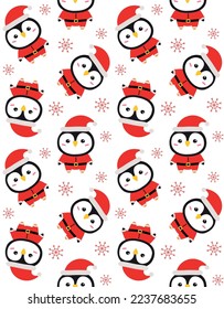 Vector seamless pattern of flat hand drawn penguin in Santa Claus isolated on white background