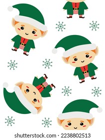 Vector seamless pattern of flat hand drawn Santa elf isolated on white background