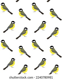 Vector seamless pattern of flat hand drawn tit bird isolated on white background