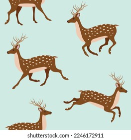 Vector seamless pattern of flat hand drawn deer isolated on mint background