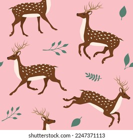 Vector seamless pattern of flat hand drawn deer and leaves isolated on pink background