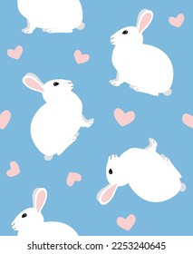 Vector seamless pattern of flat hand drawn rabbit bunny isolated on blue background
