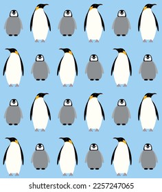Vector seamless pattern of flat hand drawn emperor penguin with baby isolated on blue background