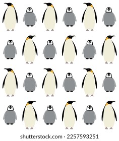 Vector seamless pattern of flat hand drawn emperor penguin with baby isolated on white background