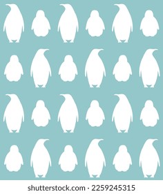 Vector seamless pattern of flat hand drawn emperor penguin with baby silhouette isolated on mint background