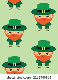 Vector seamless pattern of flat hand drawn leprechaun isolated on green background