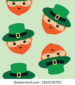 Vector seamless pattern of flat hand drawn leprechaun face isolated on green background