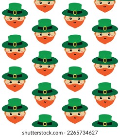 Vector seamless pattern of flat hand drawn leprechaun face isolated on white background