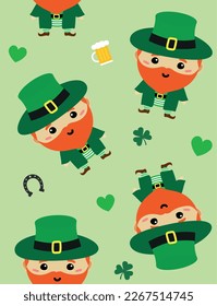 Vector seamless pattern of flat hand drawn leprechaun isolated on green background
