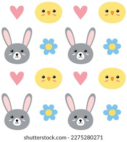 Vector seamless pattern of flat hand drawn Easter chick and bunny isolated on white background
