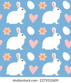 Vector seamless pattern of flat hand drawn Easter rabbit bunny isolated on blue background