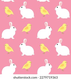 Vector seamless pattern of flat hand drawn Easter rabbit and chick isolated on pink background