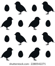 Vector seamless pattern of flat hand drawn chick and egg silhouette isolated on white background