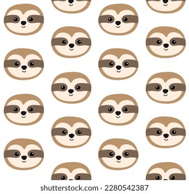 Vector seamless pattern of flat hand drawn sloth face isolated on white background