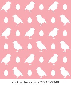 Vector seamless pattern of flat hand drawn chick and egg silhouette isolated on pink background