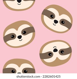 Vector seamless pattern of flat hand drawn sloth face isolated on pink background