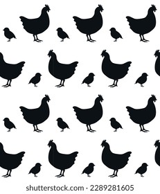 Vector seamless pattern of flat hand drawn chicken and chick silhouette isolated on white background