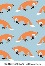 Vector seamless pattern of flat hand drawn jumping fox isolated on blue background