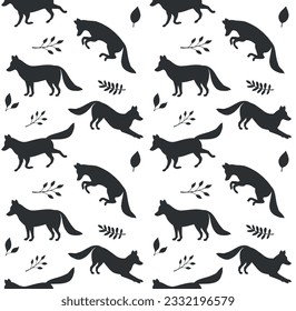 Vector seamless pattern of flat hand drawn fox silhouette isolated on white background