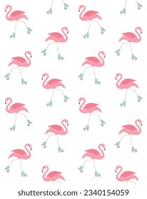 Vector seamless pattern of flat hand drawn flamingo riding roller skates isolated on white background