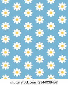 Vector seamless pattern of flat hand drawn daisy chamomile flower isolated on blue background
