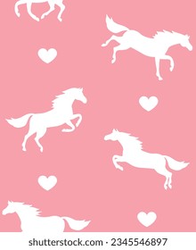 Patrón vectorial sin fisuras de caballos de mano plana y silueta de corazones aislados en fondo rosa