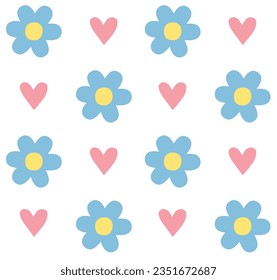 Vector seamless pattern of flat hand drawn flowers and hearts isolated on white background