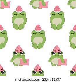 Vector seamless pattern of flat hand drawn frog face head isolated on white background