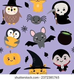 Vector seamless pattern of flat hand drawn Halloween characters isolated on purple background