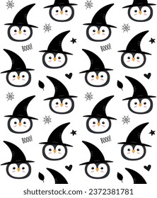 Vector seamless pattern of flat hand drawn Halloween penguin face in witch hat isolated on white background