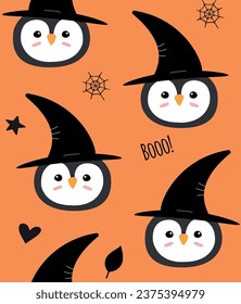 Vector seamless pattern of flat hand drawn Halloween penguin face in witch hat isolated on orange background