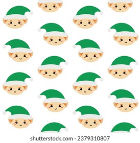 Vector seamless pattern of flat hand drawn Santa elf face isolated on white background