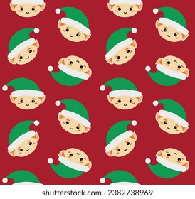 Vector seamless pattern of flat hand drawn Santa elf face isolated on red background