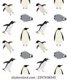 Vector seamless pattern of flat hand drawn penguin isolated on white background