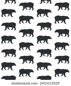 Vector seamless pattern of flat hand drawn grizzly bear silhouette isolated on white background
