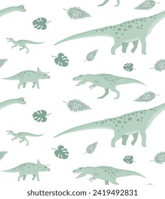 Vector seamless pattern of flat hand drawn different dinosaur isolated on white background