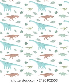 Vector seamless pattern of flat hand drawn different color dinosaur isolated on white background