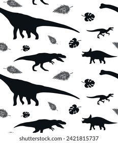 Vector seamless pattern of flat hand drawn different dinosaur silhouette isolated on white background