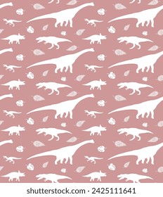 Vector seamless pattern of flat hand drawn different dinosaur silhouette isolated on pink background