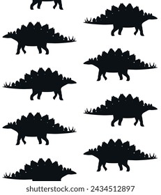 Vector seamless pattern of flat hand drawn stegosaurus dinosaur silhouette isolated on white background