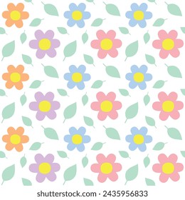 Vector seamless pattern of flat hand drawn flowers isolated on white background