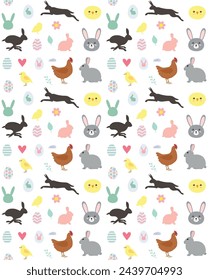 Vector seamless pattern of flat hand drawn Easter elements isolated on white background