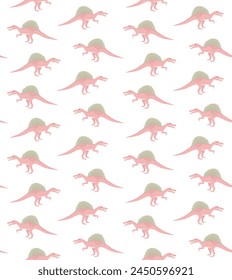 Vector seamless pattern of flat hand drawn pink spinosaurus dinosaur isolated on white background