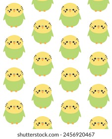 Vector seamless pattern of flat hand drawn green budgie parrot isolated on white background
