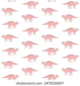 Vector seamless pattern of flat hand drawn pink parasaurolophus dinosaur isolated on white background