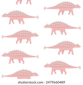 Vector seamless pattern of flat hand drawn pink ankylosaur dinosaur isolated on white background