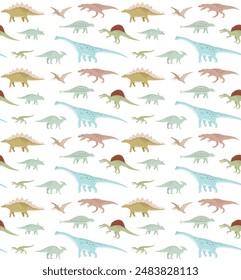 Vector seamless pattern of flat hand drawn dinosaurs isolated on white background