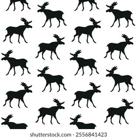 Vector seamless pattern of flat hand drawn moose silhouette isolated on white background